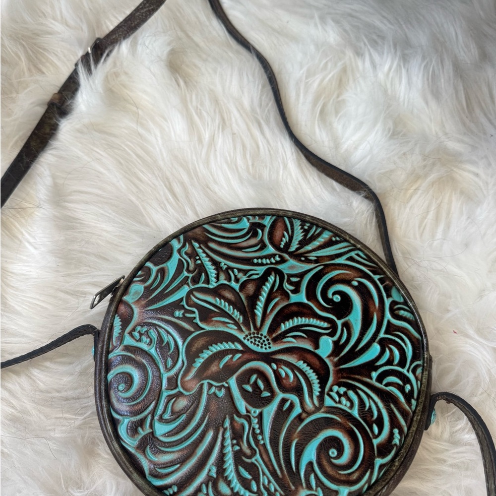 Patricia Nash Turquoise Embossed Round Crossbody Bag